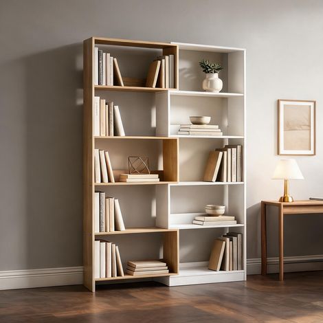 Bibliothèque d'angle rotative 350° 5 étagères blanc et bois (1/5)