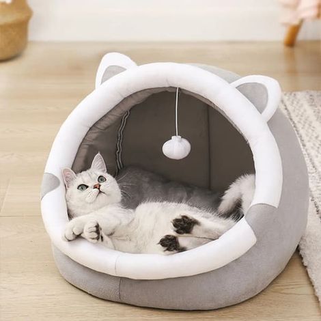 Panier pour chat semi-fermé, doux, gris neutre, 32x27x27 cm, lavable en machine, fond imperméable, pour chats jusqu'à 8 kg. (1/4)