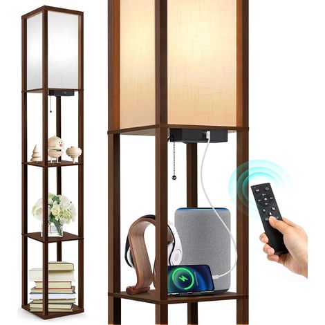 Floor Lamp with Shelves, Dimmable LED, Remote Control, Brown  1 USB port, 1 Type-C port, 4 color temperatures, timer, living room, bedroom, office (1/5)