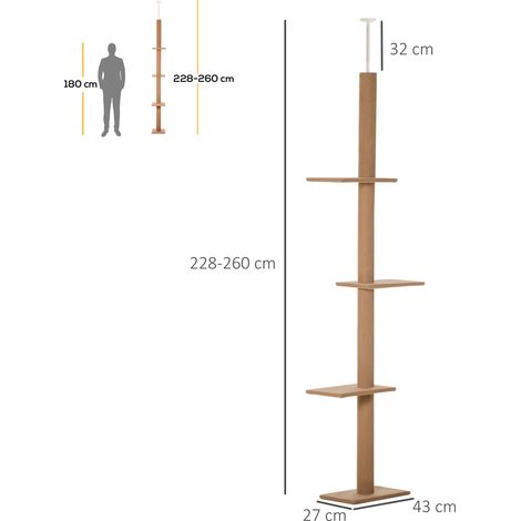 Arbre à chat extensible, tour d'escalade et jeu pour félin, ton bois clair, dimensions 43 x 27 x 228-260 cm, idéal pour grimper, s'amuser et se reposer. (1/5)
