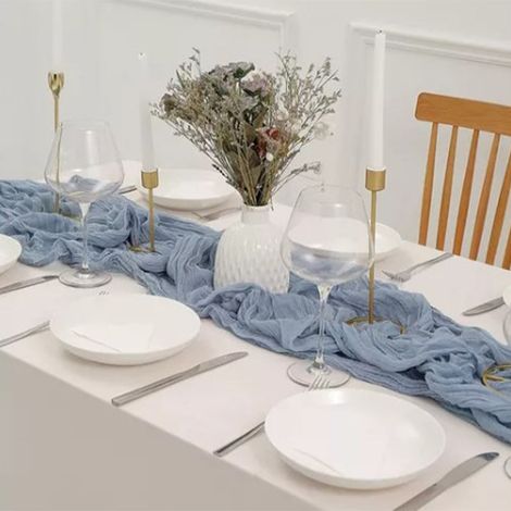 Chemin de table bohème, en polyester bleu, gaze, idéal pour un mariage, un dîner aux chandelles, une fête d'anniversaire ou la décoration intérieure. (1/5)