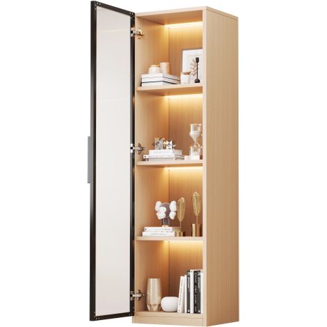 Zqoyn Vitrine avec porte vitrée – 40×40×165 cm, meuble haut et étroit en MDF aspect chêne, avec verre trempé, éclairage LED et charnières à fermeture douce (1/5)