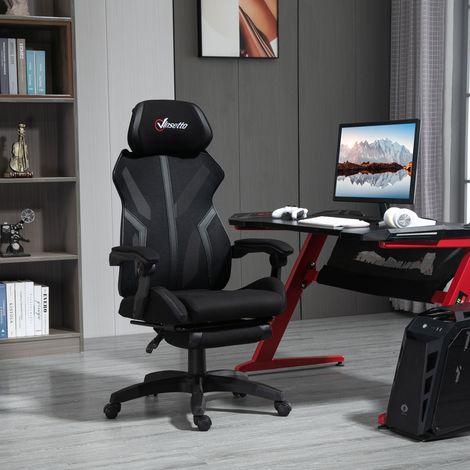 Fauteuil de jeu avec repose-pieds rétractable, fauteuil de bureau pivotant et inclinable avec appui-tête et hauteur réglable, 65 x 65 x 119-129 cm, noir (1/5)