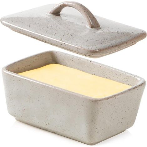 Mantequera de cerámica con tapa para encimera, mantequera europea vintage con tapa, mantequera con tapa, apta para 1 barra (gris, talla única) (1/5)