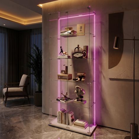 Vitrine en Verre Trempé 5 Étagères - double Porte avec Serrure à Clé et Éclairage LED Réglable - Meuble de Rangement et Présentoir de Collection - blanc