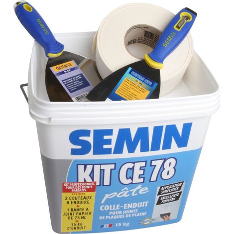 Kit en pâte pour la réalisation des joints de plaques de pâtre CE 78 Semin - composé de 2 couteaux, 1 bande à joint 75 ml et 15 kg d'enduit pour l'intérieur (1/5)
