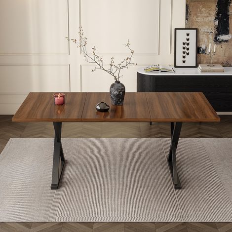 Esstisch, 180 cm lang x 90 cm breit x 75 cm hoch, moderner Stil, robust und langlebig, Metallbeine, bietet Platz für 6-8 Personen, schlichter moderner Stil, Walnussholzfarbe + Schwarz. (1/5)
