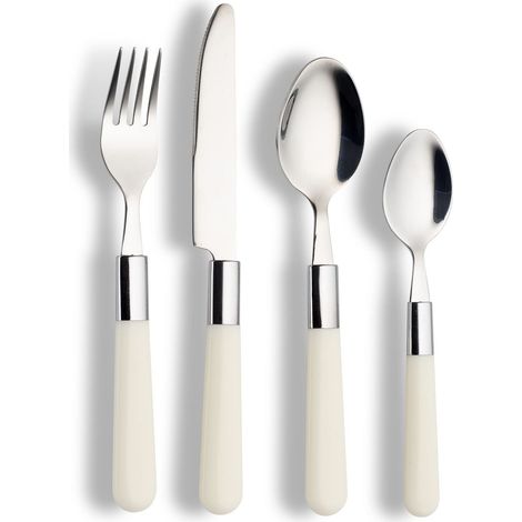 Ensemble de couverts Bistro, 16 pièces de couverts de table en acier inoxydable pour jusqu'à 4 personnes, couverts de table avec manches en plastique, crème (1/5)