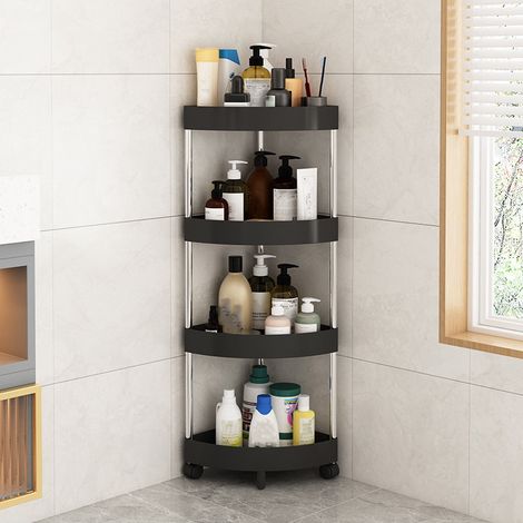 Etagere D'Angle Salle De Bain - 4 Niveaux - Roulettes Detachables - Trous D'Evacuation - Acier Inoxydable Et Plastique - Noir