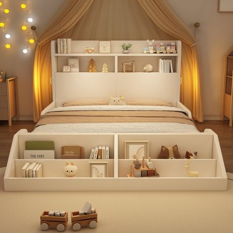 Kinderbett Holz 140x200 cm - Einzelbett mit Abnehmbarer Bibliothek - LED-Nachtlichter - Regale - Stauraum - Lattenrost - Holz - Weiß (1/5)