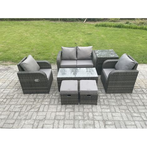 Fimous 6 places Ensemble de meubles de jardin en polyrotin avec Table basse rectangulaire Canapé d'amour Table d'appoint 2 Petits tabourets Gris foncé mixte (1/5)