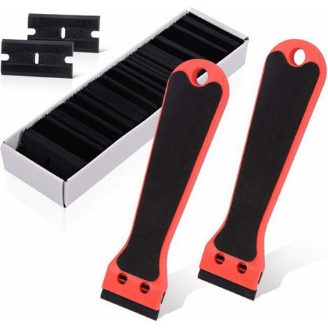 2 Grattoir Plastique avec 100 raclettes, Long Manche Grattoirs, pour Enlever les étiquettes,a colle,la peintureAutocollants - rouge (1/4)