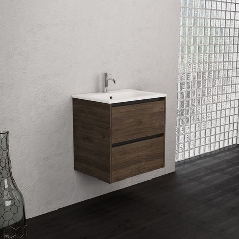 Inda - Badezimmerschrank 2 Schubladen B.60 mit mattiertem Waschbecken / Braune Eiche - Smeraldo (1/5)