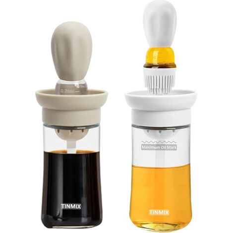 T-OB21S Lot de 2 distributeurs d'huile d'olive 2 en 1 avec brosse de 180 ml pour cuisine en verre pour barbecue, grill, pâtisserie, salade, blanc et gris