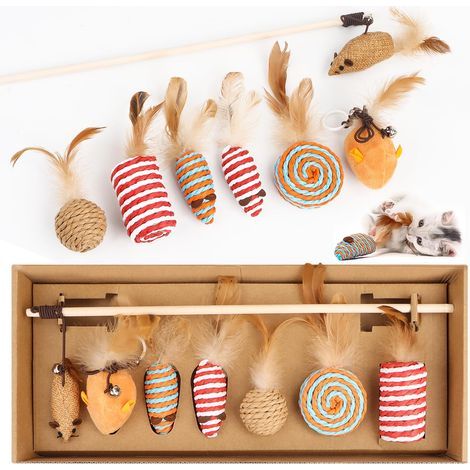 Jouet interactif pour chat, 7 pièces Jouet pour chat interactif avec balles, souris, plumes et canne à pêche en bois - Interactif pour chats de tous âges (1/5)