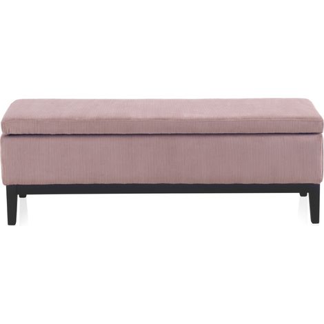 Pastellrosa gepolsterte Aufbewahrungsbank mit schwarzen Holzbeinen (1/5)