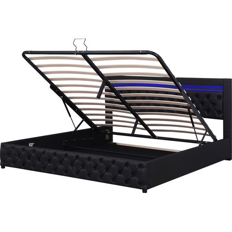 Cama tapizada 140x190 cm con almacenaje hidráulico, LED y somier de láminas negro (1/5)