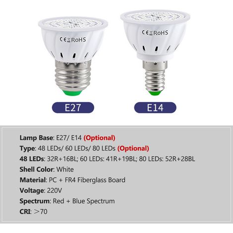 Decdeal Ampoule LED de culture pour plantes d'intérieur, spectre rouge et bleu, lampe de culture E14, semis, fleurs succulentes hydroponiques, serre de légumes (220 V)