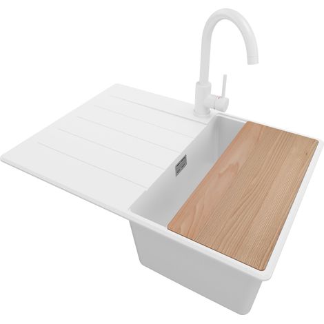 PRIMAGRAN Evier Cuisine en Granit 70x50cm, Lavabo 1 bac + Robinet 32x20cm + Kit de Vidage + Accessoire, Évier à Encastrer au meuble 40cm - Copenhague, Blanc (1/5)