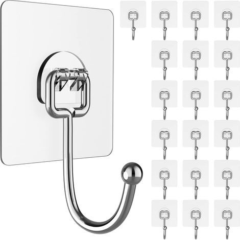 Crochets Adhésifs Mural Solides Grande Capacité 20kg(MAX), Lot de 20 Sans Perçage, Démontables et Sans Trace, Imperméables et Antirouille, Multiusage pour Salle de Bain, Cuisine, Maison (1/5)