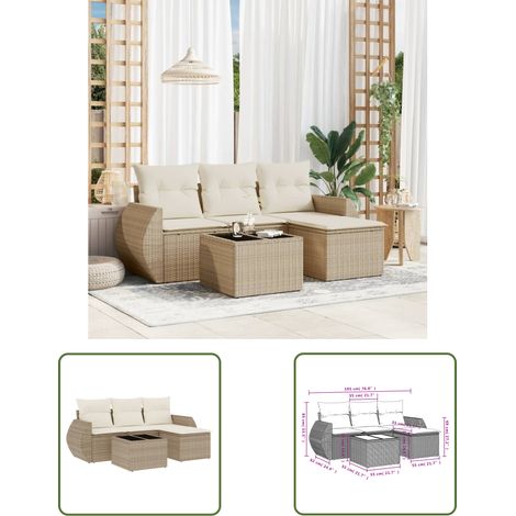 The Living Store 5-tlg. Garten-Sofagarnitur mit Kissen Beige Poly Rattan - Gartenmöbel Set - PE-Rattan Möbel - Outdoor Lounge - Gartenlounge - Esstischset (1/3)