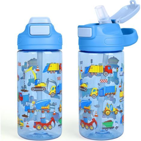 Gourde Enfant, Anti-Fuite, 480ml Gourde Maternelle avec Paille et Poignée, Sans BPA, Bouteille Enfant pour École & Sport, Gourde Sport pour Filles et Garçons (Engin de Chantier) (1/5)