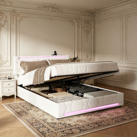Lit coffre 140x190 cm avec éclairage LED, rangement hydraulique et tête de lit capitonnée réglable – Style contemporain – Blanc