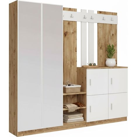 Dmora - Eingangsmöbel Dnikolao, Moderner Eingang, Wandgarderobe, Multifunktions-Aufbewahrungskonsole, 187x38h180 cm, Eiche und Weiß