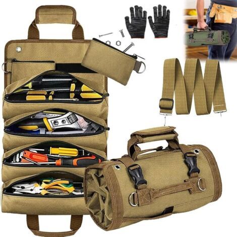 Sac de rangement pour outils, organiseur robuste enroulable avec pochettes amovibles, sac de rangement pliable et portable pour mécanicien et bricoleur, vert,Brown (1/4)