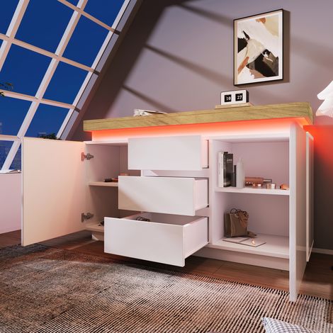 Buffet lucido 140 x 39 x 81 cm con 2 porte e 3 cassetti per la conservazione, LED, legno e MDF, bianco e naturale (1/5)