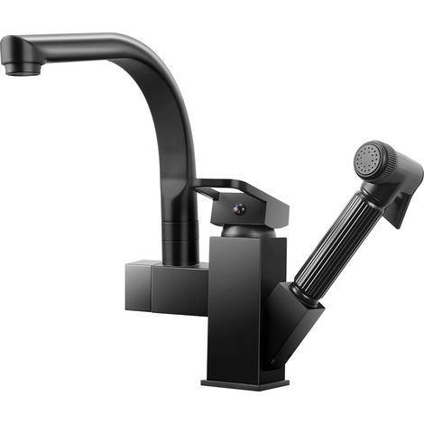 Grifo extraíble de cobre para fregadero de cocina, agua fría y caliente, apto para lavavajillas, grifo giratorio de 360°, color negro. (1/5)