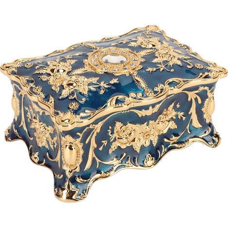 Europäische Vintage-Schmuckschatulle, edles Samtfutter, Zinklegierung, Schatzaufbewahrung zum Geburtstag, Gold und Blau (1/5)