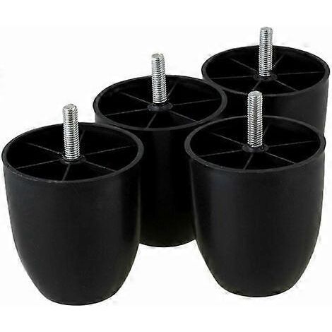 Quatre pieds de meubles cylindriques en plastique noir avec bases en caoutchouc, mesurant 80x73x45 mm, compatibles avec les canapés, les armoires et les lits. (1/5)