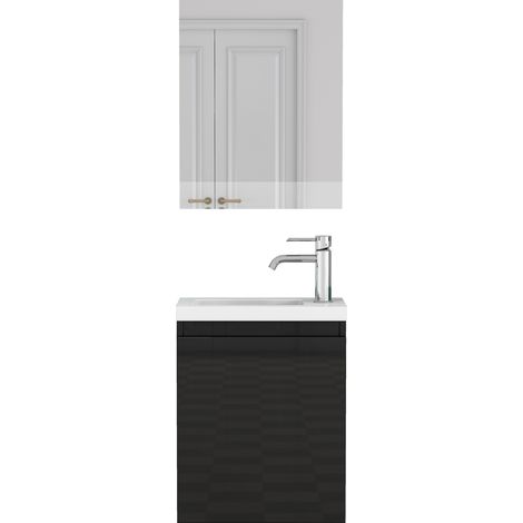 Mueble de baño negro brillo 40 cm suspendido con lavabo de cerámica y espejo, sin tiradores, MDF (1/5)