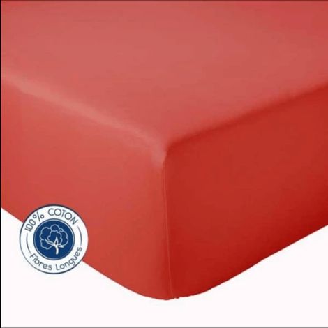 Drap Housse Uni bonnet 30 cm 100% Coton Rouge Orangé 90x190 cm