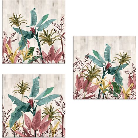 Lupia - Set 3 Quadri su Tela CANVAS DAY BANANA LEAVES BEIGE 38x38 cm foglie banano colorate, Stampa Vivida, Pronto da Appendere, Decorazione per Soggiorno, Capezzale Testiera Camera da Letto, Cucina, (1/4)