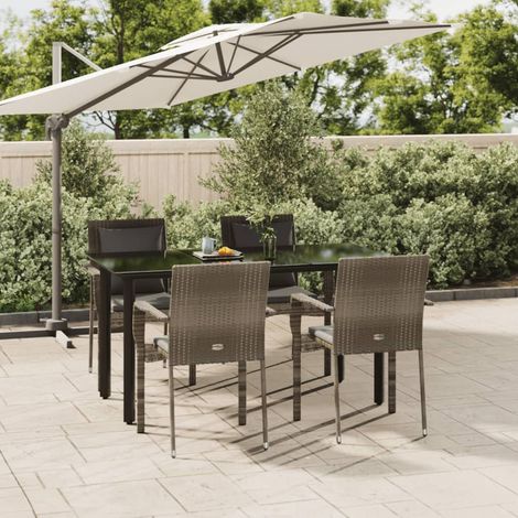 5-tlg. Garten-Essgruppe mit Kissen Schwarz und Grau Poly Rattan