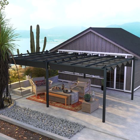 Einziehbare Pergola 3,5 x 6 m, Terrassenpergola, Aluminiumrahmen + Polyestergewebe – dunkelgrau