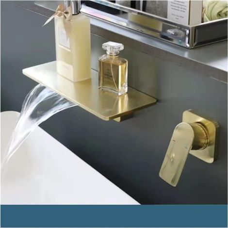 Noir Salle de Bain Cascade Bassin Bassin Mélangeur Robinet Simple Levier Montage Mural Lave-lavabo Robinet Tapis de Bain à la Cascade en Or brossé(Brushed Gold A) (1/5)