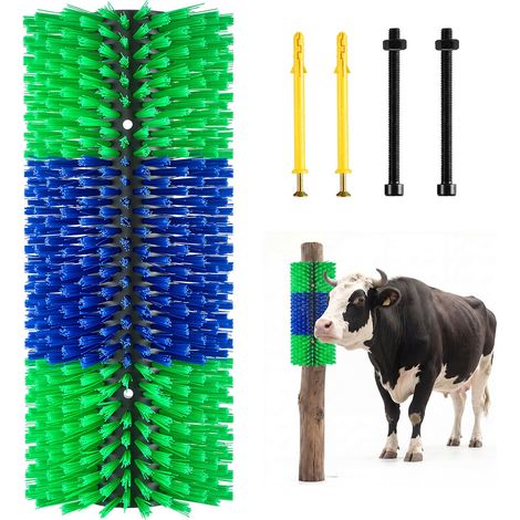 Brosse à Gratter Bétail, 1 Pièce, Grattoir pour Vaches, Chèvres, Chevaux, Bovins, Cochons, Toilettage et Soulager Démangeaisons Dos, 43x19 cm, Installation sur Poteaux, avec 4 Vis, Vert et Bleu (1/5)