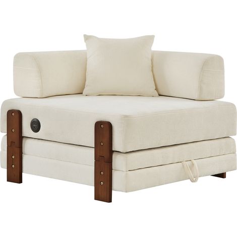 Sofá cama plegable 2 en 1 beige de tela con USB y Type-C, arcón y reposabrazos (1/5)
