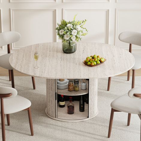Table extensible 6 places en bois avec rangement intégré, plateau rabattable et pied design, Blanc pierre