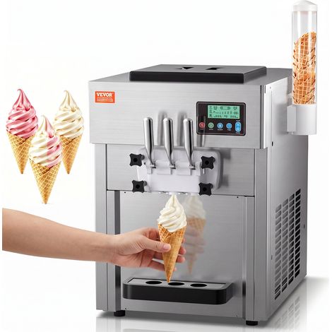 Machine à crème glacée de comptoir 3 saveurs, 20 L/h, 1800 W, trémie 2 x 4 L pour café snack-bar restaurant