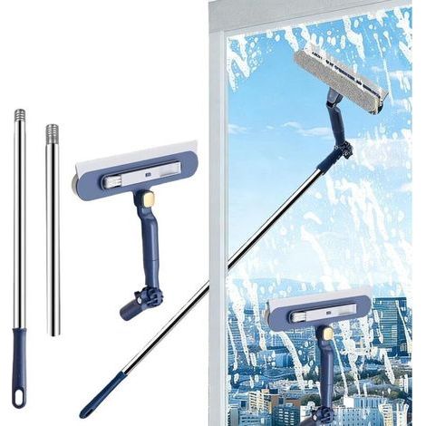 Nettoyeur de vitres extensible 2 en 1 – Grattoir et brosse télescopiques de 120 cm. tête rotative pour fenêtres. miroirs et douches – Bleu (1/5)