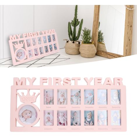 Cadre Photo Bébé 12 Petits Cadres Polis Durables pour Suivi Mensuel - Cadeau Naissance Rose (1/5)