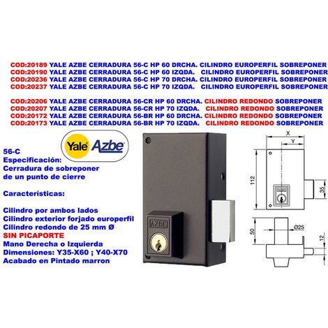 Serratura YALE AZBE 56-CR HP 70 Cilindro Tondo Destro Sporgente
