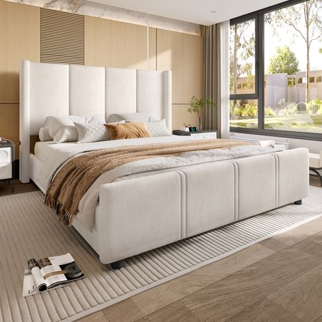 Lit double rembourré 140x200 cm avec tête et pied de lit hauts, port USB certifié, structure métal et bois, stable et durable, Beige (1/5)