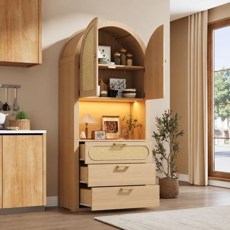 Vitrine avec 2 Portes, 1 Niche, 2 Étagères, 3 Tiroirs et LED pour Salon, en MDF, Blanc et Chêne Clair, 80×35×180 cm (1/5)