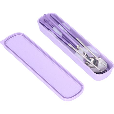 Ensemble de couverts portables en acier inoxydable avec fourchette, cuillère et baguettes, idéal pour le travail, le camping, l'école et les pique-niques (violet). (1/5)