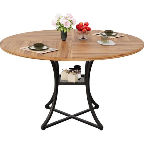 CHICFURN Mesa de comedor redonda 100 cm, MDF efecto nogal, metal negro, con almacenamiento (1/5)